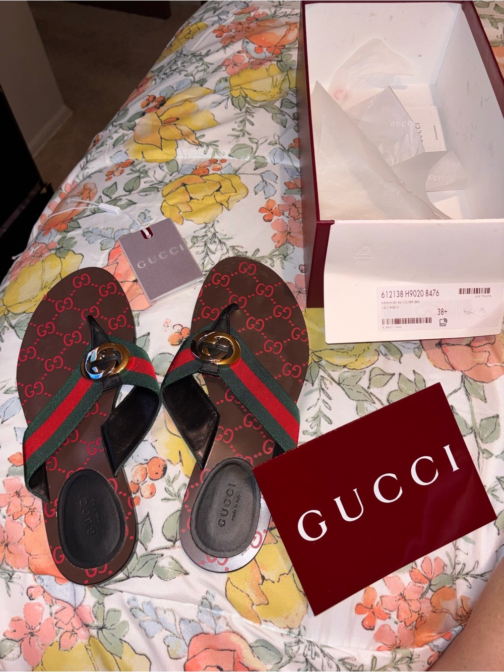 Gucci Brown Red GG Logo Sandals with Green-Red Web Strap size 38 1/2 (7- 7 1/2)